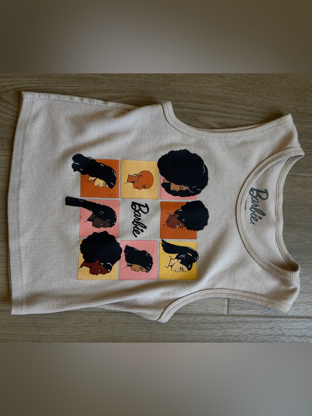 Barbie Cream Tank Top with Black Multicolor Silhouette Grid